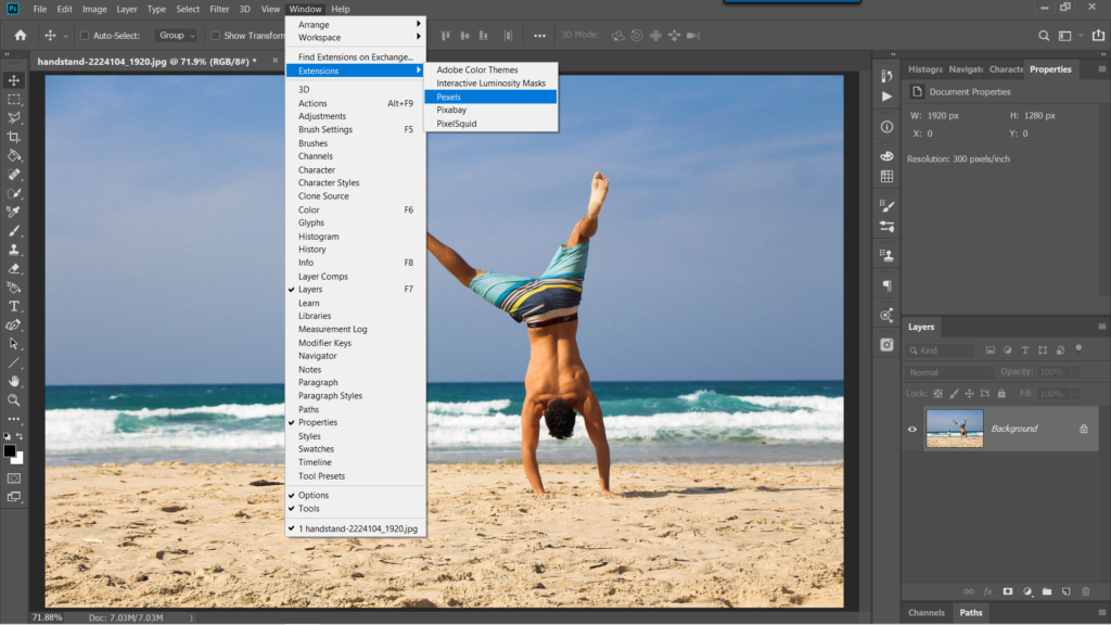 Pexels Photoshop plugin, find in Windows > Extensions