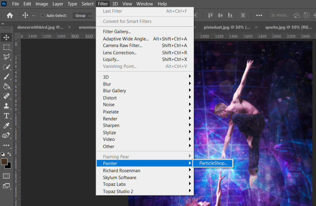 Finding ParticleShop in Photoshop Filter menu