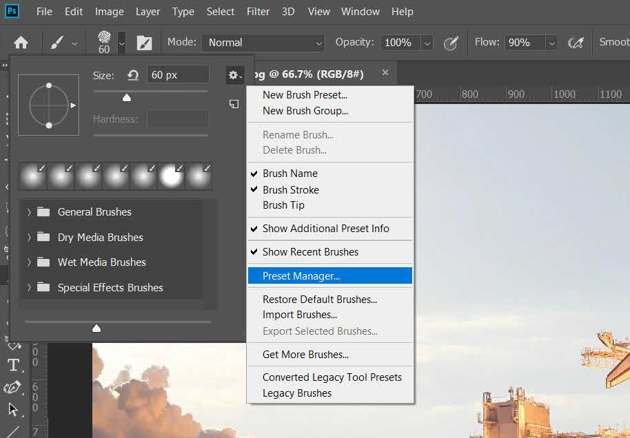 BrushBox review shows Photoshop preset manager menu
