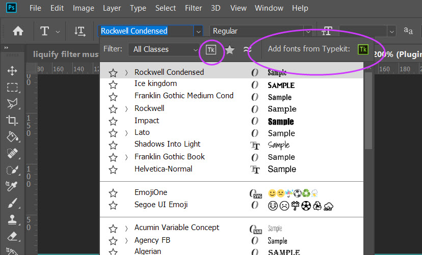 Another plugin included with Photoshop: Typekit fonts
